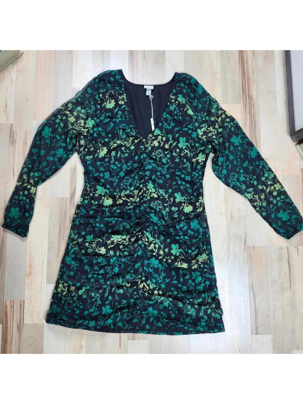 NEW A New Day Floral Print Ruched Long Sleeve Dress Green Black XL